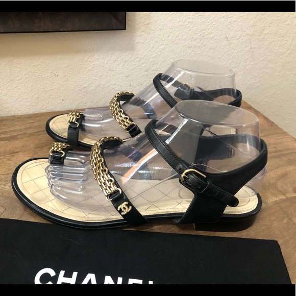 CHANEL Chain Lambskin Black CC Logo Sandals Sz 39 - Picture 2 of 11